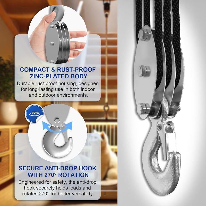 SALIFTFE Block and Tackle Pulley System, Upgraded 3-Wheel Rope Pulley Hoist, 5:1 Lifting Power, 1100LB Work Load with 55Ft of 1/4" Rope, Ultra-Compact Rope Hoist for Garage, Hunting, and Heavy Lifting - Image 4